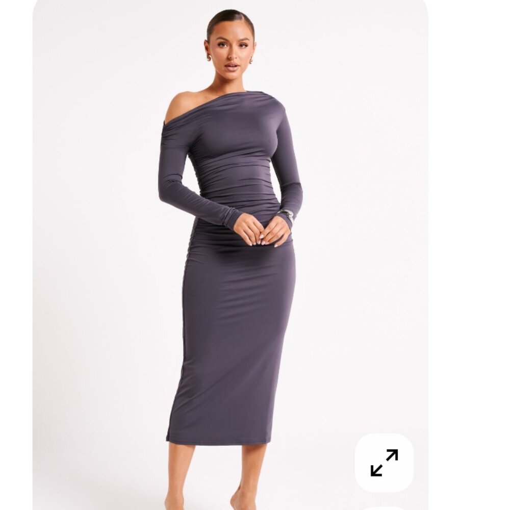 Meshki Christabel Recycled Nylon Ruched Midi Dress - Charcoal